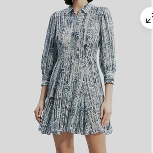 Theory Multi-Blue Long Sleeve Silk Button Down Shirt Dress (Size 6)
